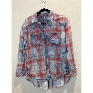 Free People Women Button Down Shirt Red Blue Plaid S